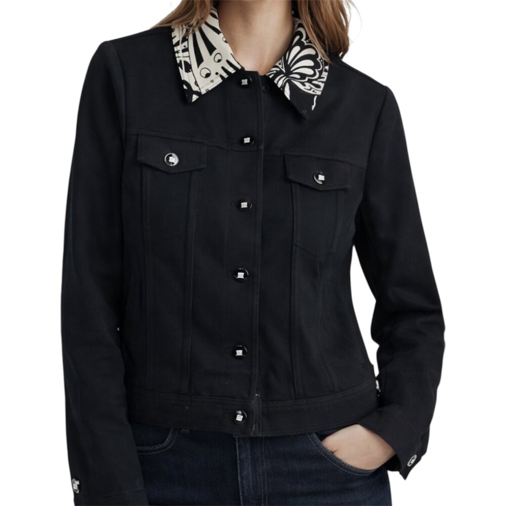 St. John Sport Denim Jacket Black White Flip Cuff Retro Print Floral Small